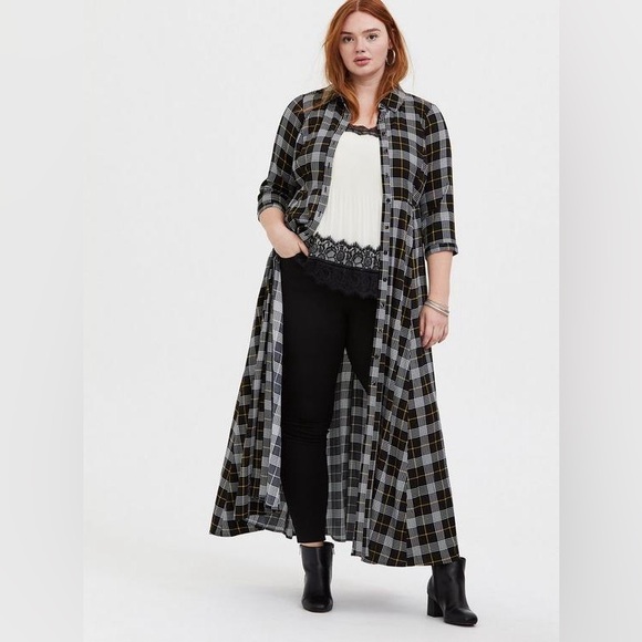 torrid Sweaters - Torrid Plaid Maxi Shirt Dress Duster Long Sleeve Yellow Black White - Sz 2